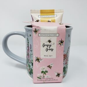 Busy Bees 12 oz Coffee Tea Mug Flowers Bees Heathcote Ivory Grey 2 Hand Lotions